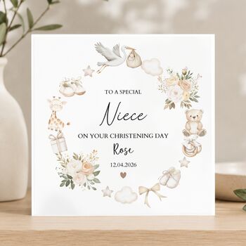 Neutral Great Granddaughter Christening Card, Giraffe Bear Baptism Card, Any Relationship, 3 of 5