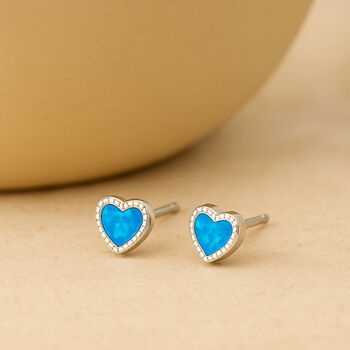 Sterling Silver Blue Opal Heart Stud Earrings, 2 of 5
