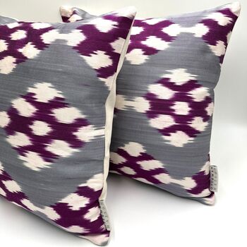 Square Ikat Silk Cushion Grey And Purple Weave, 2 of 7