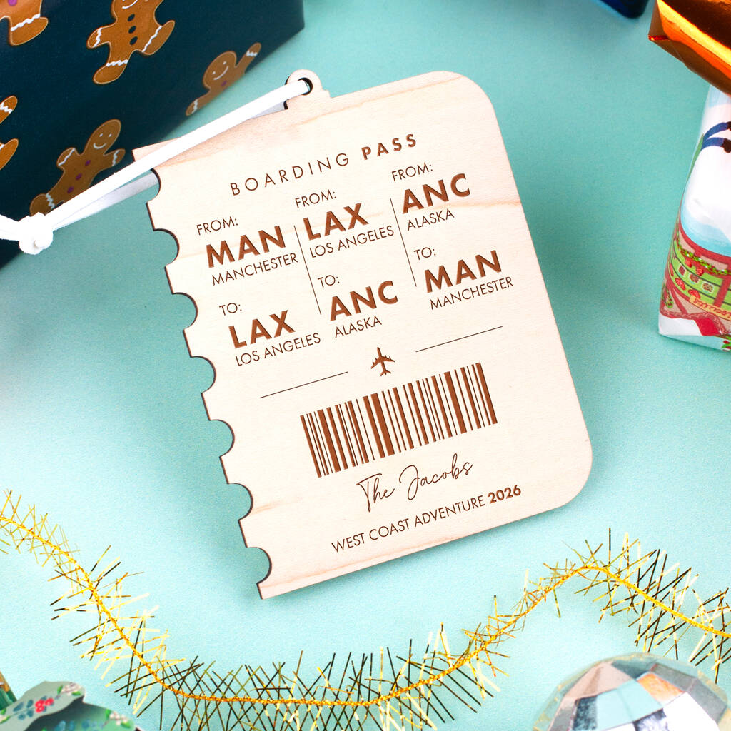 Personalised Three Flights Boarding Pass Christmas Bauble, 1 of 3