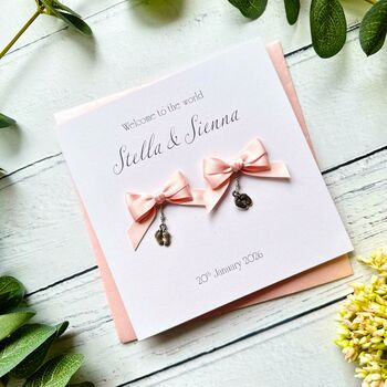 Handmade New Baby Card. Satin Bow With Charm. Twins, 12 of 12