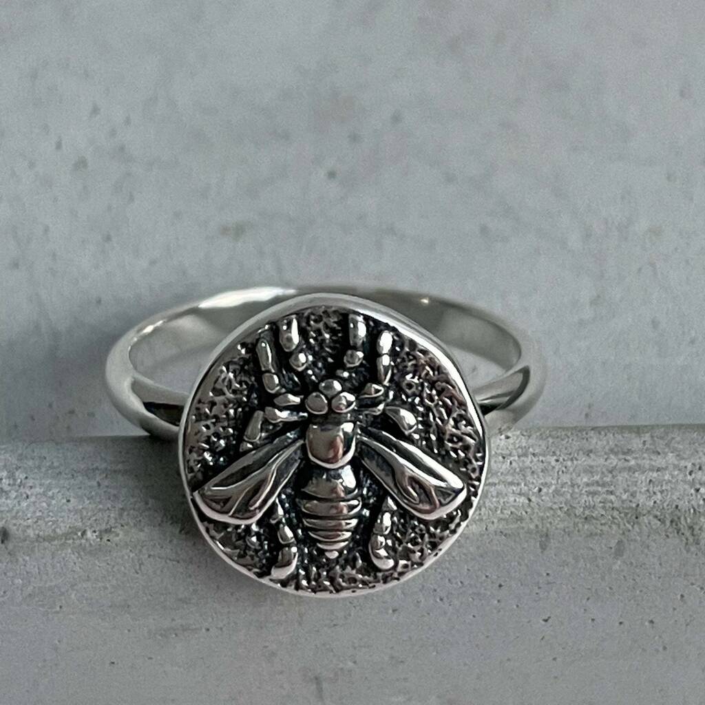 Sterling Silver Bee Coin Ring Ancient Symbolism, 1 of 9