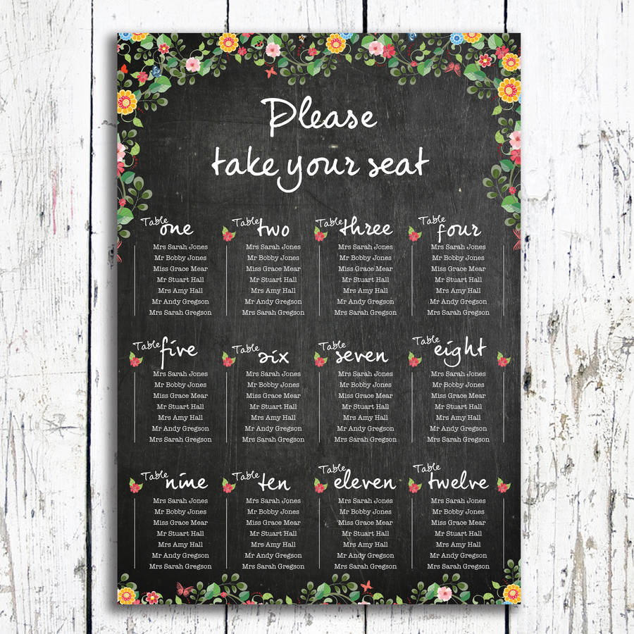 floral chalkboard table plan by violet pickles