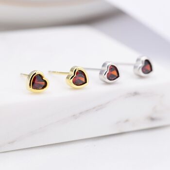 Tiny Garnet Red Cz Heart Stud Earrings, 3 of 12