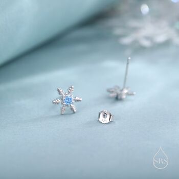 Blue Cz Snowflake Stud Earrings In Sterling Silver, 7 of 12