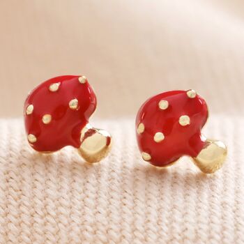 Red Enamel Mushroom Stud Earrings In Gold Plating, 2 of 4