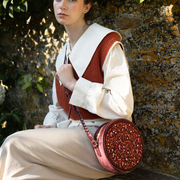 Magical Mushroom Embroidered Burgundy Velvet Circle Bag, 3 of 9