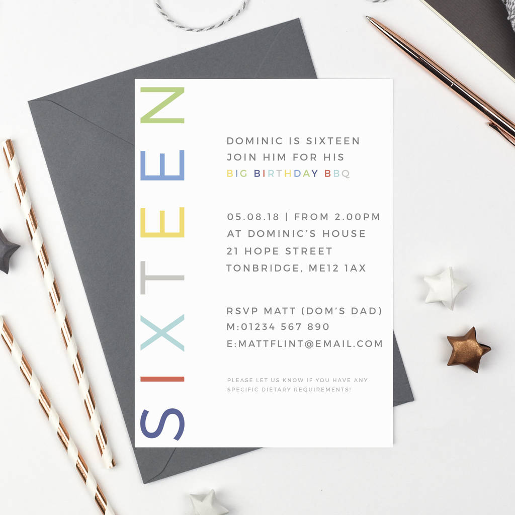 personalised 16th birthday party invitations by studio 9 ltd