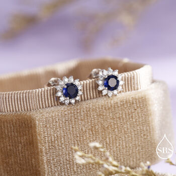 Sapphire Cz Flower Stud Earrings In Sterling Silver, 3 of 12