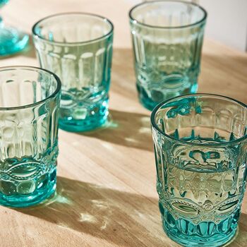 Set Of Four Embossed Turquoise Glass Tumblers, 3 of 8