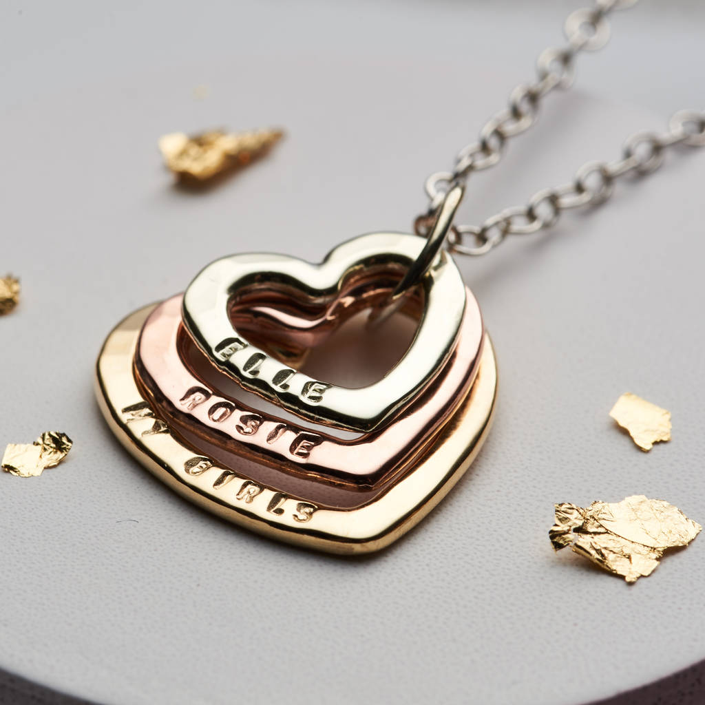 9ct Gold Family 4 Hearts Personalised Pendant or Necklace 