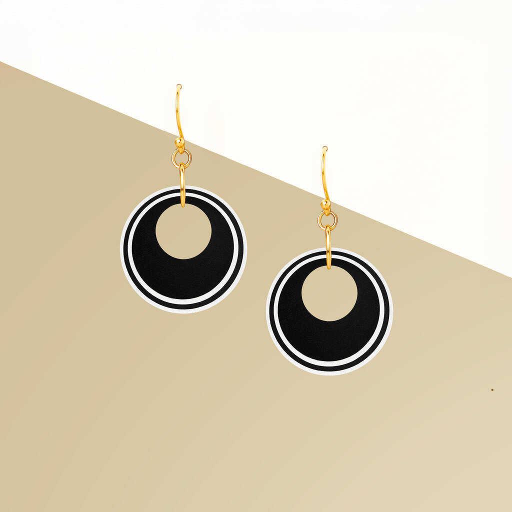 Black And Pearlescent White Circular Earrings • Gold Plated Sterling Silver Hooks, 1 of 9