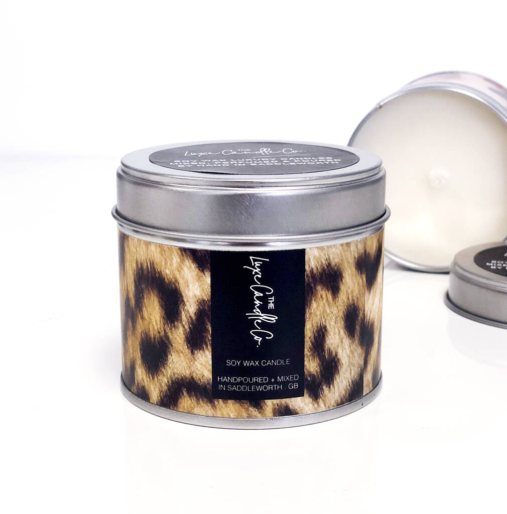 Leopard Print Tonka And Vanilla Bean Tin Candle By The Luxe Candle Co