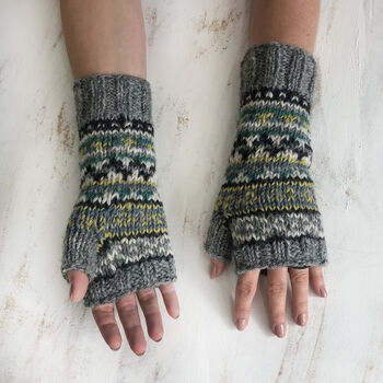 Fair Trade Fair Isle Knit Wool Lined Wristwarmer Gloves, 9 of 12