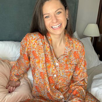 Handmade Silk Pyjamas Long Sleeve Orange Paisley, 4 of 12