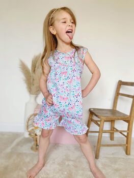 Girls Butterfly Cotton Pyjama Frilly Short Set, 3 of 7