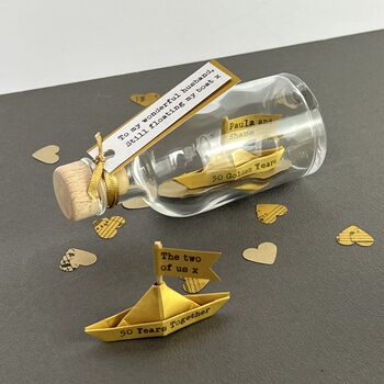 Personalised Gold Paper Ship In A Bottle – Golden Anniversary Gift, 3 of 12
