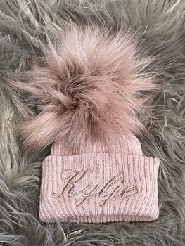 Embroidered Rose Gold Single Pom Pom Knitted Baby Hat, 6 of 6
