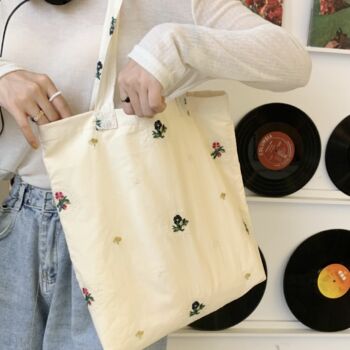 Embroidered Flower Glitter Thread Cotton Tote Bag, 4 of 7