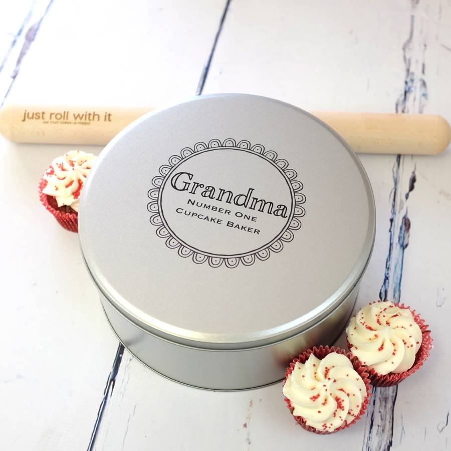 personalised cake tin by auntie mims