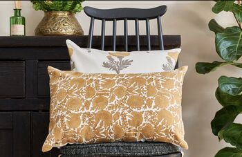 Hand Block Print Floral Yellow Cotton Cushion Cover, 4 of 5