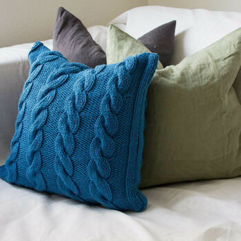 Hand Knit Chunky Cable Stitch Cushion In Teal, 3 of 6