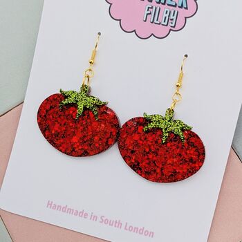 Small Red Tomato Glitter Resin Earrings, 3 of 4