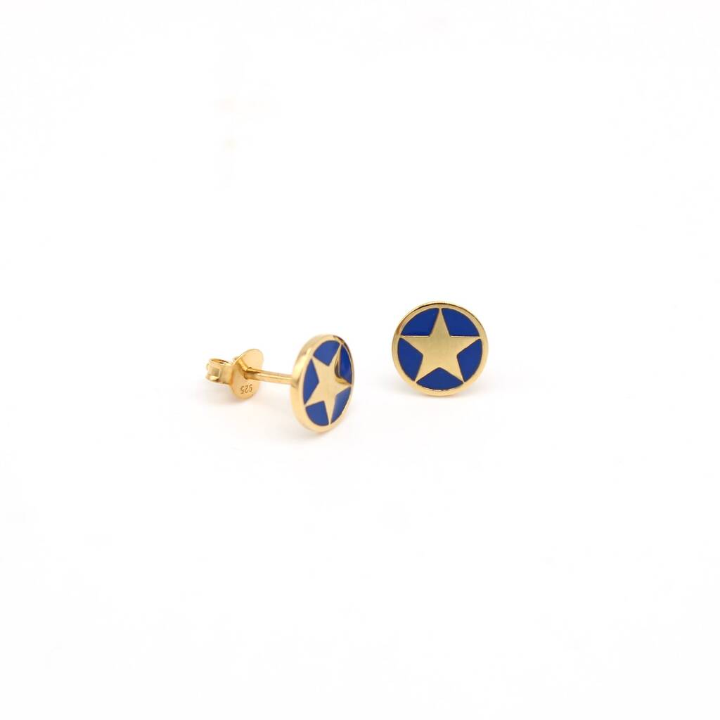 Indigo Blue Star Enamel Earrings Gold Vermeil Plated, 1 of 3