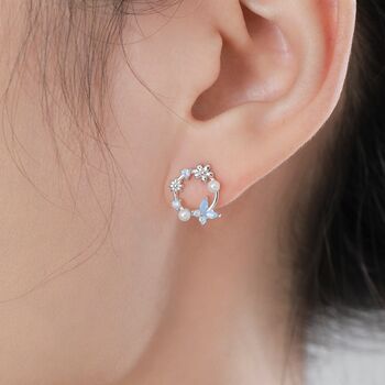 Sterling Silver Tiny Flower Wreath Stud Earrings, Opal Blue, 3 of 11