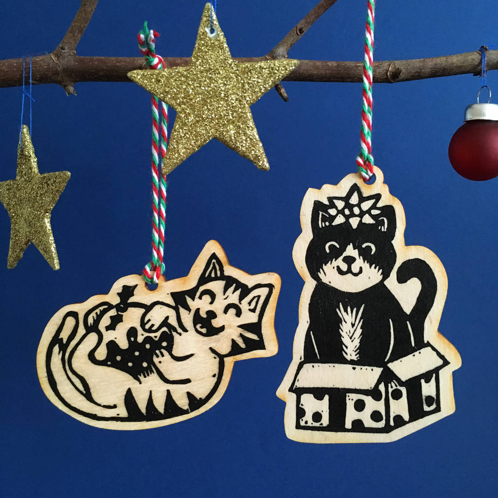 Wooden Cat Christmas Tree Decorations By Woah there Pickle
