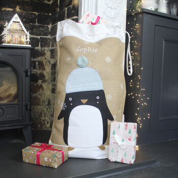 Personalised Penguin Hessian Christmas Sack, 2 of 3