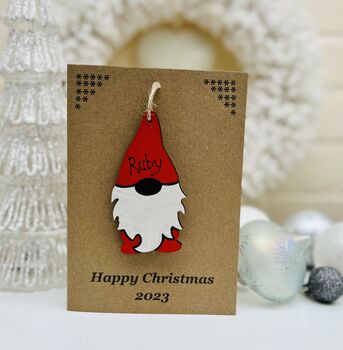Personalised Gonk Christmas Card Wood Gnome Decoration, 9 of 10
