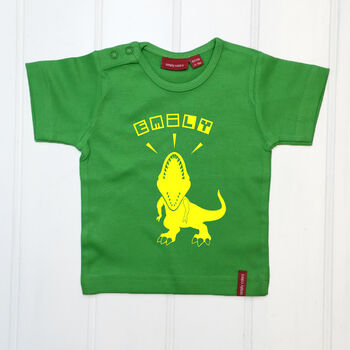 Personalised Roaring Dinosaur Babygrow/Child T Shirt, 7 of 12