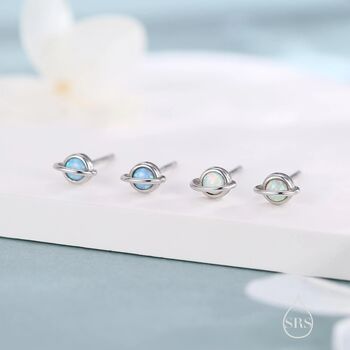 Tiny Blue Opal Planet Internally Threaded Flat Back Earrings In Sterling Silver, 3 of 10
