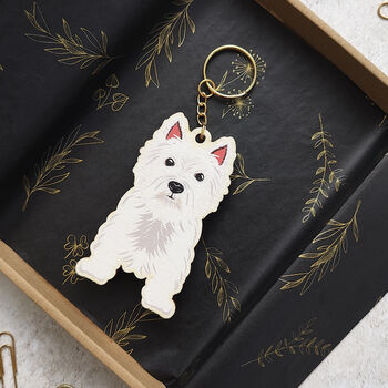 West Highland Terrier Dog Wooden Keyring With Optional Christmas Card, 9 of 11
