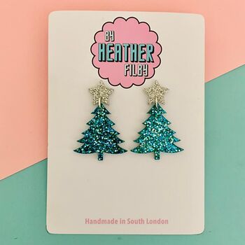 Sparkly Blue And Silver Glitter Christmas Tree Earrings, 5 of 5