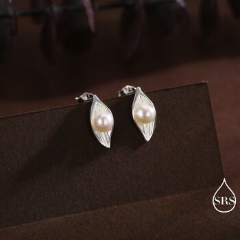 Sterling Silver Calla Lily Flower Blossom Stud Earrings With Fresh Water Pearls, 3 of 9