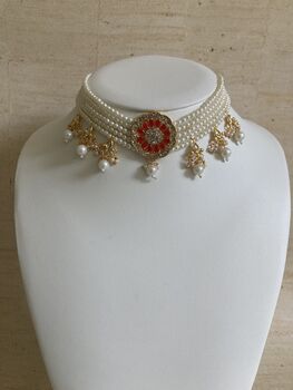 Red And White Gold Plated Kundan Pearl Indian Set, 4 of 7