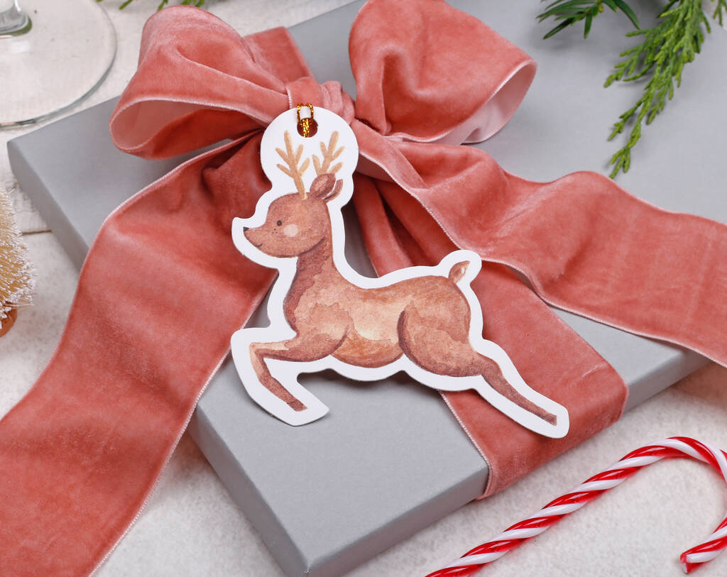 12 Christmas Gift Tags With Reindeer Design And Gold Twine, 1 of 3