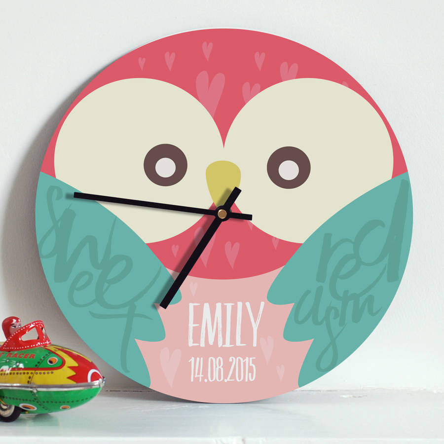 personalised childs pink owl clock by the drifting bear co