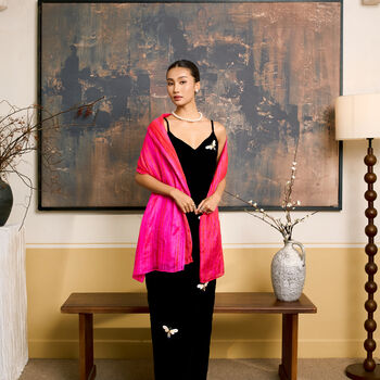 100% Mulberry Silk Scarf, Hot Pink With Red Stripes In Gift Box, 9 of 9