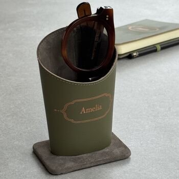 Personalised Recycled Leather Glasses Stand With Suede, 2 of 12