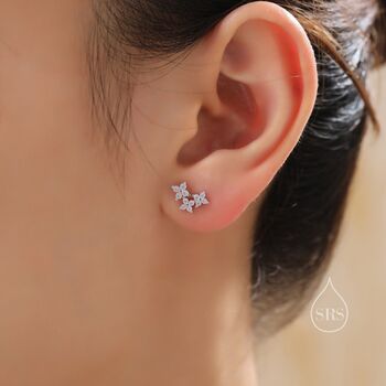 Sterling Silver Asymmetric White Hydrangea Cz Stud Earrings, 7 of 12