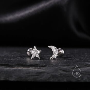 Mismatched Moon And Star Cz Barbell Earrings, 2 of 11