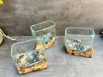 10cm Molten Glass Square Bowl On Teak Root Base, 10 of 12