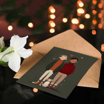 Cute Gay Couple With Pet Dog Modern Illustration Valentine's Card, 4 of 6