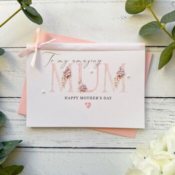 Handmade Mother's Day Card Pink Flowers And Pearls Design, Customisable, 5 of 7