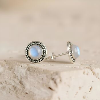 Sterling Silver Moonstone Stud Earrings 9mm Rope Bezel, 4 of 4