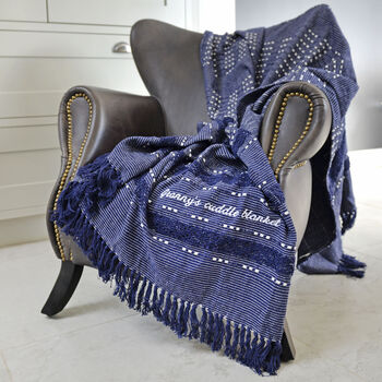 Personalised Royal Blue And White Tassel Blanket, 2 of 3