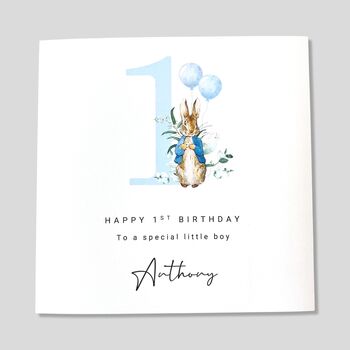 1st Birthday Card Personalised Boy Blue Rabbit, 2 of 4